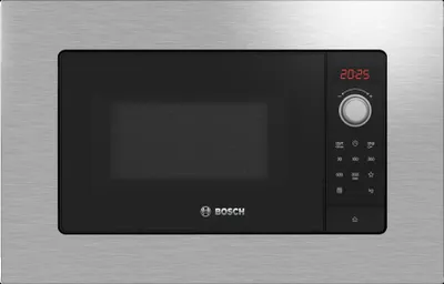 A built-in Bosch microwave oven with a stainless steel frame and a black glass door.