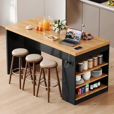 Obrázek produktu pro Kuchyňský ostrůvek STILVORA s LED osvětlením a zásuvkou, kuchyňský blok s pracovní deskou o tloušťce 40 mm a 2 zásuvkami AC a 2 USB porty, kuchyňský vozík se 3 otevřenými policemi