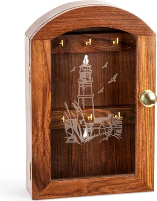Produktbild von Maritim Schlüsselkasten mit Glasfront Leuchtturmmotiv aus natur Holz 25x16x6cm