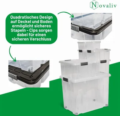 Produktbild von Novaliv 2x Aufbewahrungsboxen mit Deckel Groß 80L transparente nestbar stapelbar mit Clipverschluss Rollboxen Kunststoff BPA-frei 61x40x45 cm