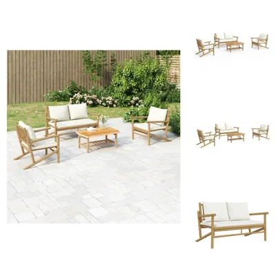 Produktbild von vidaXL 4-tlg. Garten-Lounge-Set mit Cremeweißen Kissen Bambus -  Gartenmöbel-Sets