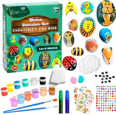 A collage of a stone painting kit for kids, showing the box and various painted stones, paints, brushes, and stickers.