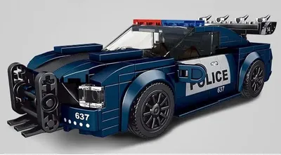 A dark blue Lego-style police car with a bull bar and spoiler.