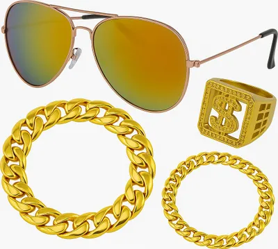 A collection of gold-colored jewelry and sunglasses arranged on a white background.