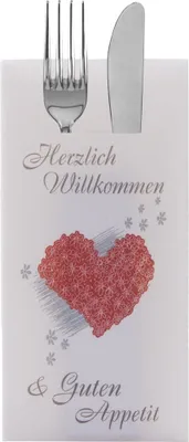 Produktbild von Sovie HORECA Besteckserviette Herzlich Willkommen in Rot aus Linclass® Airlaid 40 x 40 cm, 1/8 Falz, 75 Stück