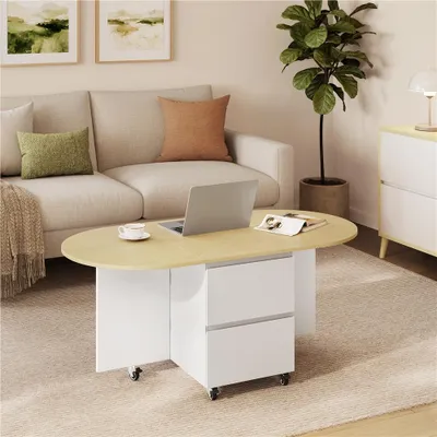 Produktbild von Yaheetech Ausziehbarer Couchtisch, klappbarer Beistelltisch, ovaler Sofatisch mit Rollen, Schubladen & Stauraum, Weiß & Eiche