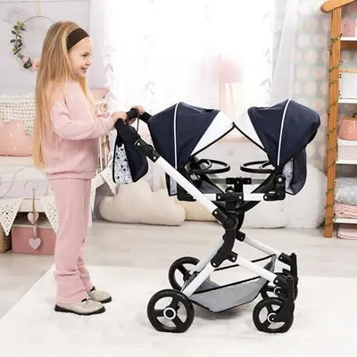 Productafbeelding van Dubbele kinderwagen Twin NEO met tas, verstelbare handgreep, zwenkbaar duwstangmechanisme, losse zitjes, zwenkwielen voor, geïntegreerde mand, blauw