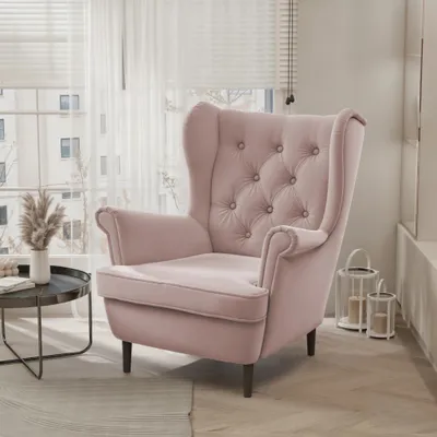 Produktbild von Gesteppter Sessel Coco Trinity 19 Rosa Samt Ohrensessel Skandinavisch
