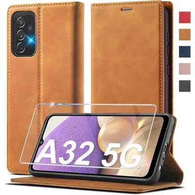 Produktbild von Handyhülle Leder Klappbar für Samsung Galaxy A32 5G mit Schutzfolie braun