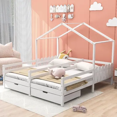Obrázek produktu pro Dětská postel s bočnicemi, rozměry 200x90 cm, bílá, vyrobená z borovice a MDF, s 2 zásuvkami na kolečkách a bezpečnostní zábranou, vhodná do dětského pokoje