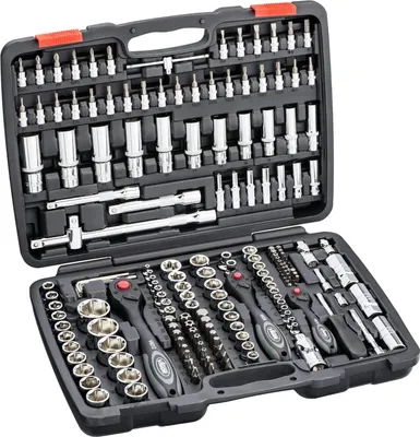 A black tool case containing a 172-piece socket wrench set.