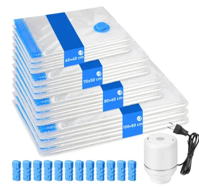 Produktbild von Vakuumbeutel für Kleidung mit Pumpe 12er Set, 4 Größen Jeweils 3 Stück 100x80cm, 80x60cm, 70x50cm, 60x40cm, Wiederverwendbar