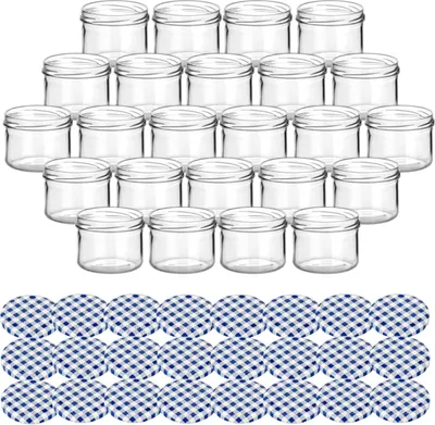 Immagine prodotto di set di 24 barattoli da conserva 230 ml rotondi con tappo a vite a scacchi blu BLUESEAL - barattoli da conserva con coperchio TO82 - barattoli da marmellata vuoti, barattoli per salsicce, barattoli per conserve, barattoli per conserve