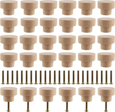 Image de Boutons de meubles en bois - 30 pièces - 35 x 25 mm - Boutons ronds - Boutons de meubles - Avec vis - Boutons de meubles pour armoires - Boutons de meubles pour meubles - Boutons de meubles pour chambres d'enfants