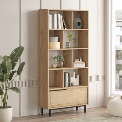 Produktbild von Bücherregal ‘Kvænangen’ mit 8+1 Fächern 176 x 84 x 30 cm Eichenoptik / Rattanoptik