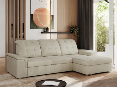 Produktbild von MKS MEBLE Sofa mit Schlaffunktion - Ecksofa mit Schlaffunktion und Bettkasten - Sofa 3 Sitzer - Schlafsofa - Couch - Schlafsofa mit Bettkasten - Madrito L - Beige Velvet - Rechts Seite