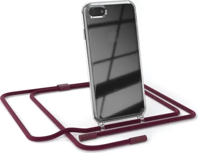 A clear phone case with a red lanyard attached, displayed on a white background.