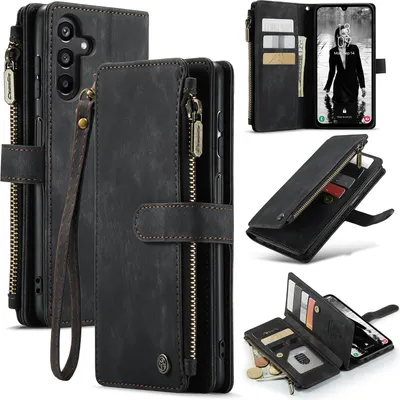 Image de Galaxy A15 Case,PolyuréthaneLeather Zippered Case, Magnetic Closure, Card Pocket, Stand, Wallet, Protective Case for Samsung Galaxy A15 Black