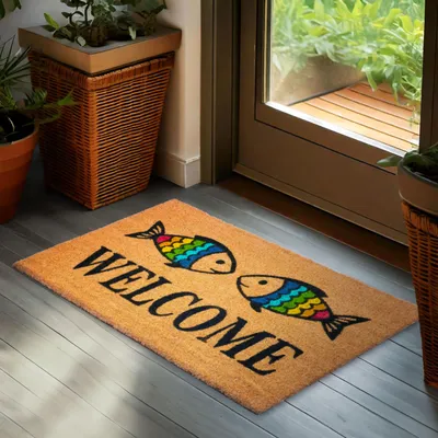 Produktbild von BRUBAKER Fußmatte für Außen und Innen - Welcome mit Regenbogen Fische - 45 x 75 cm Schmutzfangmatte aus 100% Kokos