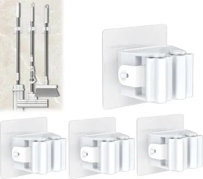 Imagen del producto de Soportes adhesivos para escobas, paquete de 4 unidades, sin necesidad de taladrar, ideales para la cocina y el baño