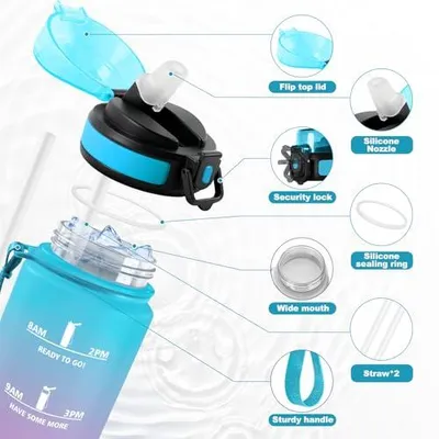 Produktbild von Wasserflasche 1L JAPORIA mit Strohhalm auslaufsicher, Trinkflasche, BPA-frei