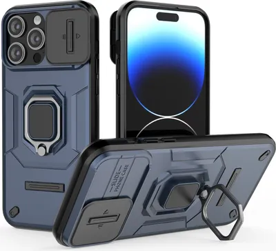 Immagine prodotto di Custodia per iPhone 15 Pro Max a doppio strato con protezione scorrevole per la fotocamera e supporto per l'anello, stand blu