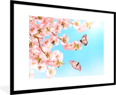 Produktbild von MuchoWow® Gerahmtes Poster Schmetterlinge - Baum - Blumen 90x60 cm - Poster mit Schwarzem Bilderrahmen Wandposter Rahmen Foto Bilder - Wanddekoration - Fotos
