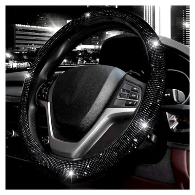 Produktbild von Lenkradhülle für Damen, Bling Bling Bling Kristall Diamant Funkelnde Auto SUV Radschutz Universal Fit 15 Zoll (Schwarz mit schwarzem Diamant, M (14 Zoll, 1/2-15 Zoll, 1/4)