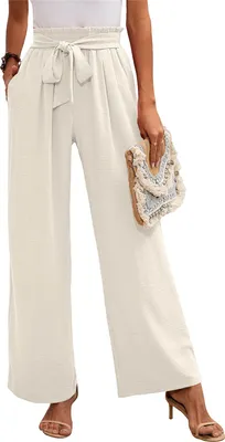 Image de ASKSA Pantalon femme jambes larges Taille haute Pantalon d'été léger Unicolore Pantalon décontracté réglable avec poches (Blanc,L)