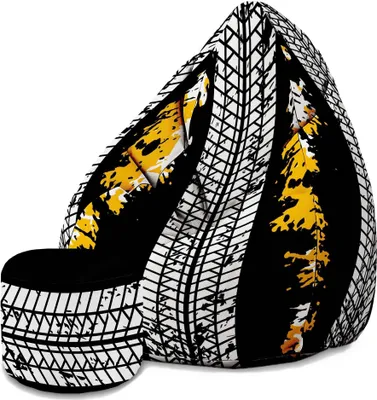 A bean bag chair with a tire tread pattern and yellow splatter design.
