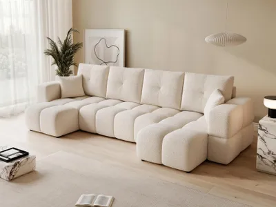 Produktbild von Idohome Polsterecksofa BUENO U mit Schlaffunktion und Bettkasten – Modernes Ecksofa mit Stauraum, Creme Bouclé Centaur 01