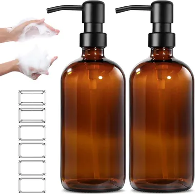 Produktbild von Brauner Seifenspender aus Glas, 500 ml, 2 Stück, nachfüllbare Pumpflasche, Vintage-Design, für Küche und Bad