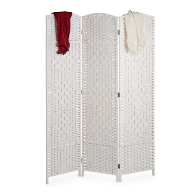 Zdjęcie produktu dla Parawan Relaxdays, wys. x szer.: 170 x 120 cm, składany parawan, 3-częściowa osłona, drewno i sznurek papierowy, biały