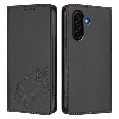 Produktbild von Lederhülle für Samsung Galaxy A57, Schmetterling Prägung Leder Brieftasche Schutzhülle mit Ständer Schwarz