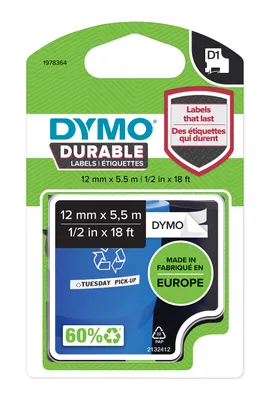 Obrázek produktu pro DYMO D1 Durable - Black on White - 12mm, Černá na bílé, Vícebarevný, Vinyl, Belgie, -40 - 80 °C, DYMO