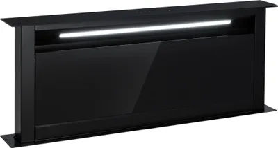 A black downdraft extractor hood with an integrated LED light strip.