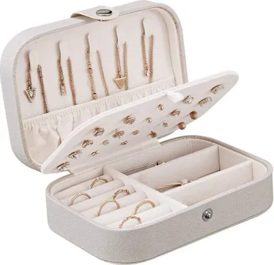 Produktbild von Schmuckkästchen Damen Schmuckkästchen Reise Kunstleder Schmuckkoffer Klein Schmuckbox Reise Schmuck Aufbewahrungsbox Schmuckkästchen für Mädchen Damen -Weiß