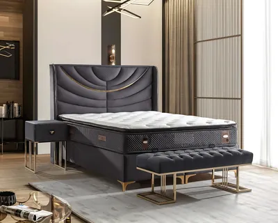 Image de Elégant lit gris avec matelas en textile et bois