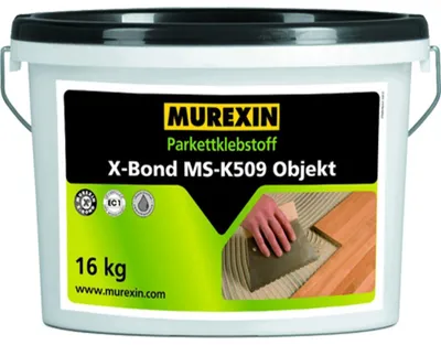 Produktbild von 16 Kilogramm | Murexin Weiß 10 Kilogramm Parkettklebstoff, X Bond MS K509, einkomponentig elastisch, emissionsarm EC1, geruchsneutral, wasserfrei, trittschalldämmend, für Mehrschichtparkett und Fußbodenheizung