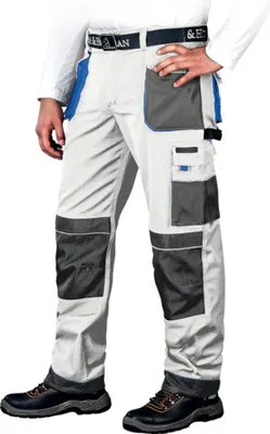 A person wearing work pants and shoes.