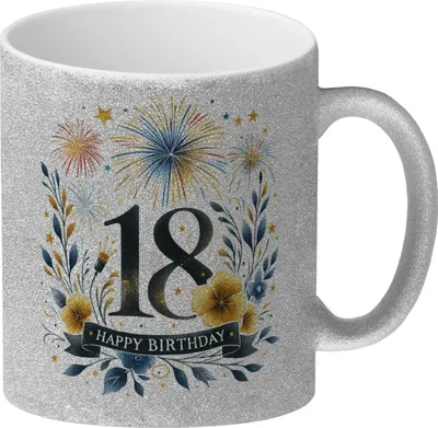 Produktbild von 18. Geburtstag Glitzer-Kaffeebecher mit Spruch Happy Birthday 18