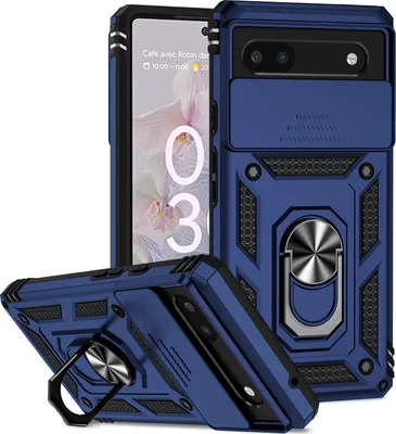Image de Étui pour Google Pixel 6A étui double couche avec couvercle coulissant pour appareil photo et support annulaire bleu