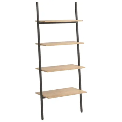 A ladder shelf with four wooden shelves and a black metal frame, shown against a white background.