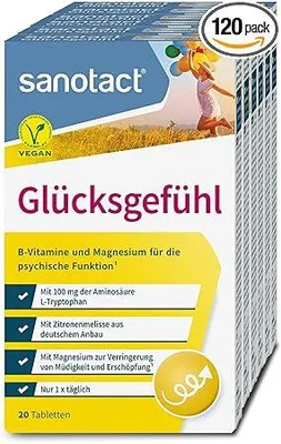 Produktbild von sanotact Glücksgefühl (6 x 20 Tabletten) - Natürlicher Stimmungsaufheller hochdosiert - Vitamin Tabletten mit Zitronenmelisse