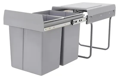 Obrázok produktu pre Kôš na kuchynský odpad – výsuvný recyklačný kôš – 2 x 20 litrov – celkový objem 40 litrov – určený pod skrinky – rozmery 49 x 35 x 43 cm – sivý