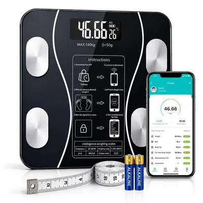 Produktbild von Digitale Personenwaage bis 180 kg mit App – Smart Körperwaage Fitnesswaage Körperanalysewaage mit Bluetooth & Körperwerten
