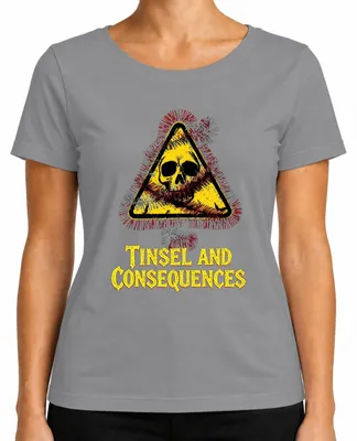 Produktbild von Tinsel and Consequences Totenkopf Lametta Warnschild Skull Gefahr Damen T-Shirt, Grau, L
