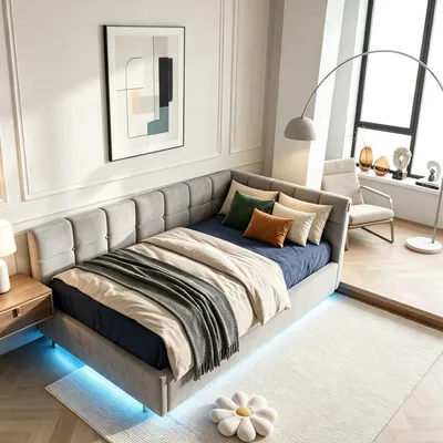 Produktbild von INONEFT Polsterbett 90x200cm mit LED und USB, Jugendbett mit hydraulischem Stauraum, Schlafsofa, Einzelbett, Bett mit Lattenrost, Samt, Grau