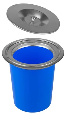A blue bin with a silver lid, shown separately.