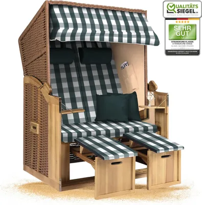 Produktbild von Strandkorb Ostsee 2-Sitzer 120cm breit in beige grün weiß kariert montiert, ideal für Balkon, Terrasse oder Garten